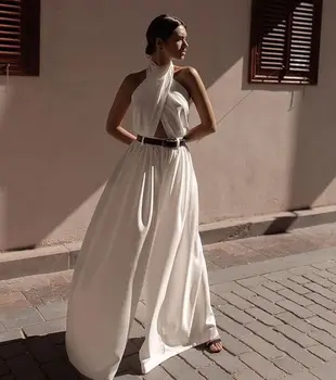 

European style womens white jumpsuit set summer halter C014 sexy open back sleeveless ladies female women's jumpsuits