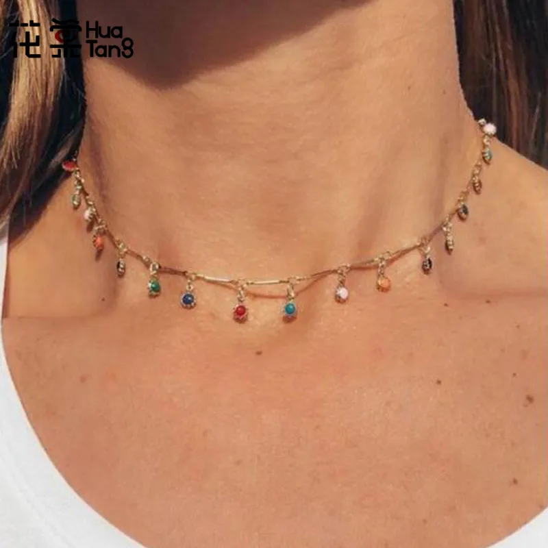

HuaTang Crystal Rhinestone Clavicle Choker Necklace Women Trendy Colorful Round Beads Gold Chain Jewelry on the Neck B31203
