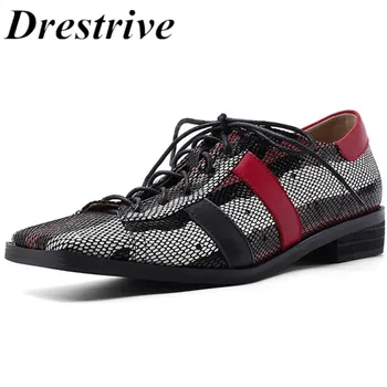

Drestrive Women Pumps Genuine Leather Lace Up Low Heels Square Toe Mesh Cow Leather Mixed Colors Spring Female Casual Shoes