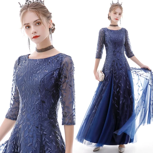 Kyunovia сексуальные женские вечерние платья с блестками Vestidos De Gala, Длинные Красивые винтажные вечерние платья с круглым вырезом E27 - Цвет: Dark Blue