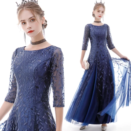 Dark Blue Kyunovia сексуальные женские вечерние платья с блестками Vestidos De Gala, Длинные Красивые винтажные вечерние платья с круглым вырезом E27 - Цвет: Dark Blue