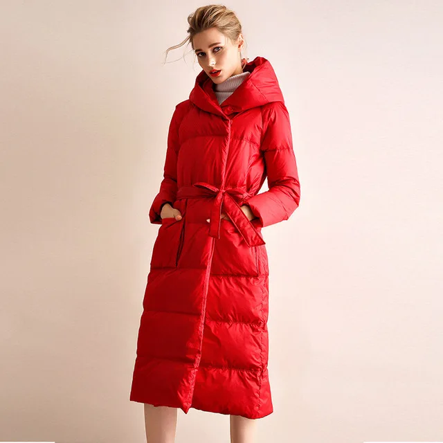 Зимнее плотное теплое пушистое пальто 90% пуховое пальто Женская ветронепроницаемая теплая верхняя одежда с капюшоном на утином пуху с поясом F224