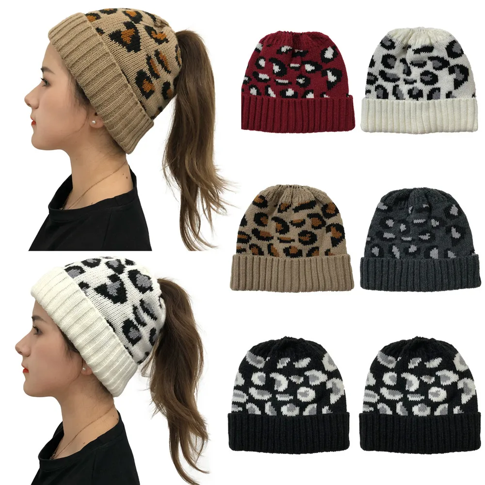 

1 Pc Knitting Wool Women Winter Beanie Hat Leopard Printted Warm Hat Soft Ladies Adjustable Ponytail Beanies