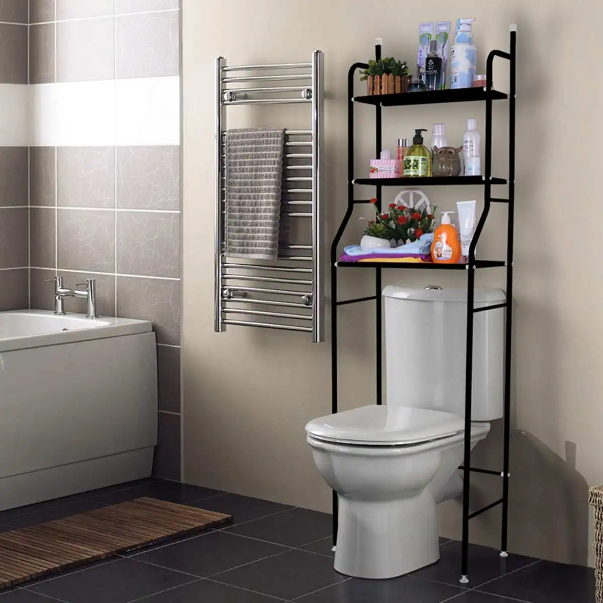 

Stainless Steel Over Rack Toilet Cabinet Shelving Kitchen Washing Machine Rack Bathroom Space Saver Shelf Organizer Holder Black