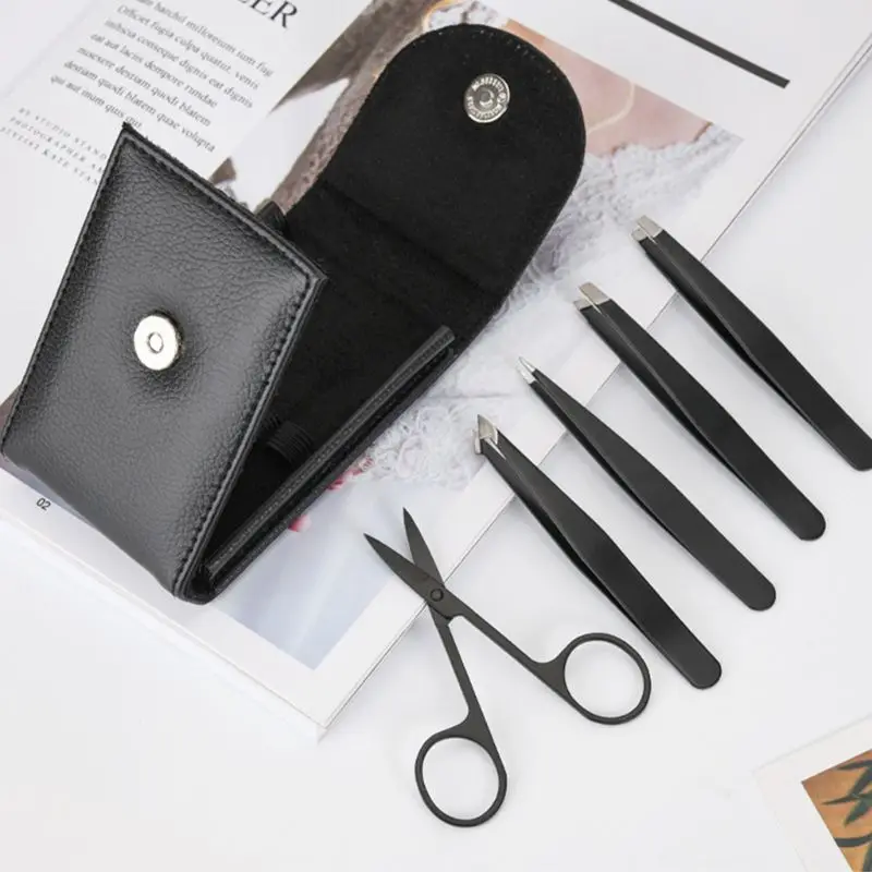 

5pcs Professional Eyebrow Tweezers Scissors with Leather Case Hair Beauty Slanted Stainless Steel Tweezer Tool