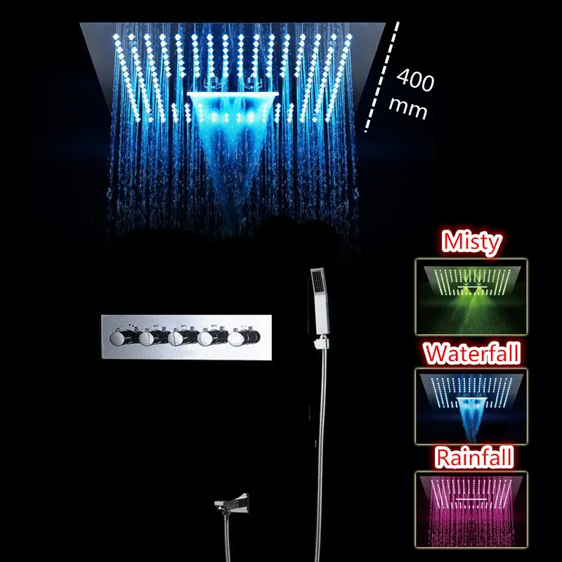 

Multifunction LED Shower Head Set Misty Rainfall Waterfall 16inch Squaer Embedded Ceiling Shower Thermostatic Shower Valve Set