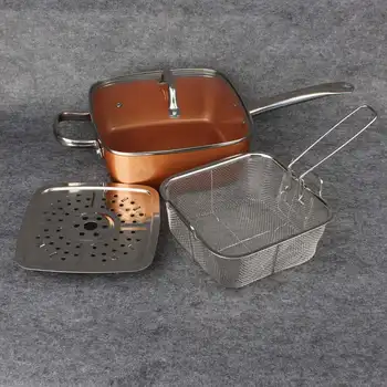 

New Ceramic Non-Stick Pan Copper Square Pan Induction Chef Glass Lid Fry Basket Steam Rack 4 Piece Set 9.5 Inches Used In Induct