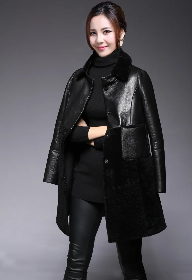 Женская официальная теплая кожаная одежда средней длины с длинным рукавом из берберского флиса, куртка из натуральной кожи, Женское пальто, плотная верхняя одежда