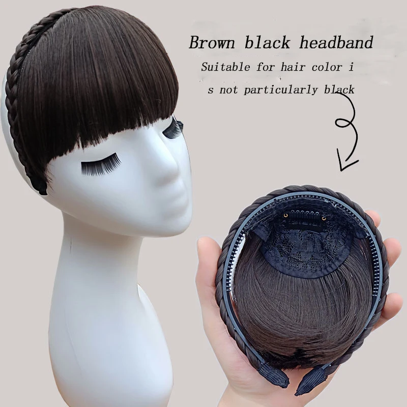 Короткие челки плетеные тупые натуральные шиньоны термостойкие синтетические женские волосы натуральные накладные волосы повязка на голову - Цвет: brown black