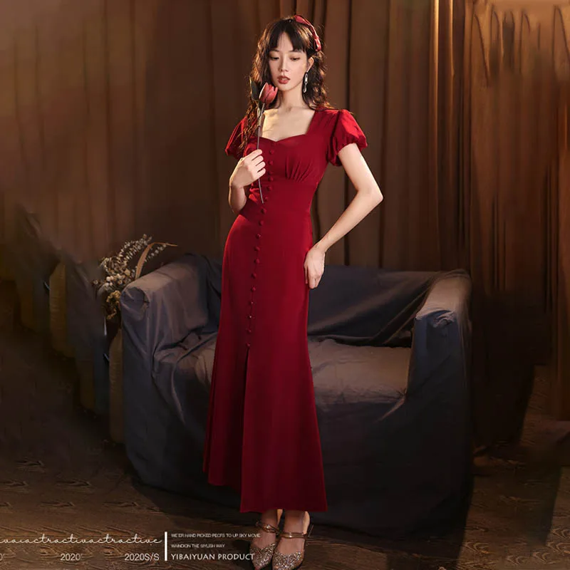 Burgundy Button Strapless Evening Dress Short Sleeves Vintage New Ankle-length Mermaid Plus size Women Formal Party Gown C576 | Свадьбы и