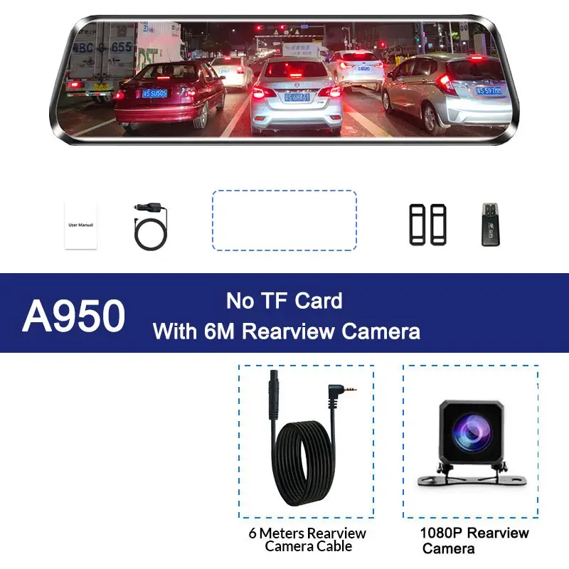 Двойной 1080P 1" поток зеркало заднего вида автомобиля DVR 2.5D экран супер ночного видения Dash Cam камера видео рекордер Авто Регистратор - Название цвета: A950 -6M RC -No Card
