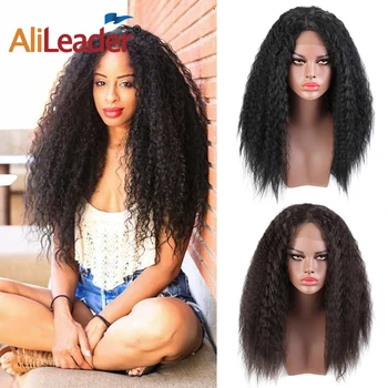 

Alileader Natural long Kinky Straight Yaki Hair Wigs Synthetic Lace Front Wigs for Women Black Hair Heat Resistant 1B 2#Color