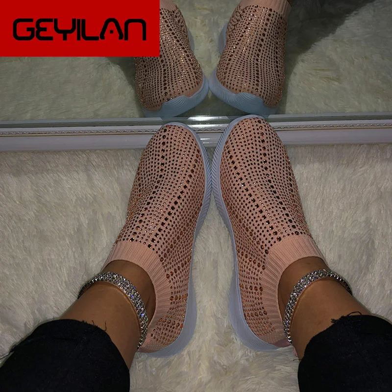 

New Women Sneakers Vulcanized Shoes Sock Sneakers Women Summer Slip On Shoes Women Plus Size Glitter Loafers Walking Flats