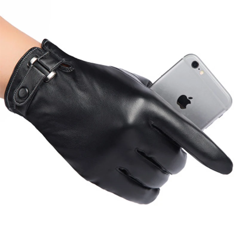 

New Classic Black PU Leather Gloves Men's Korean Outdoor Driving Finger Protective Gloves Winter Warm Velvet Sports Waterproof Wind-proof Business Gloves