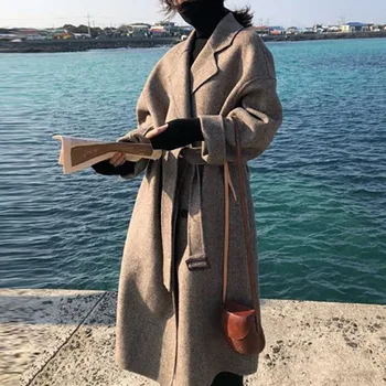 

Hot Sale Women Korean Winter Long Overcoat Coats Loose Plus Size Cardigans Long Sleeve Elegant Lace-Up Woolen Coat IE998