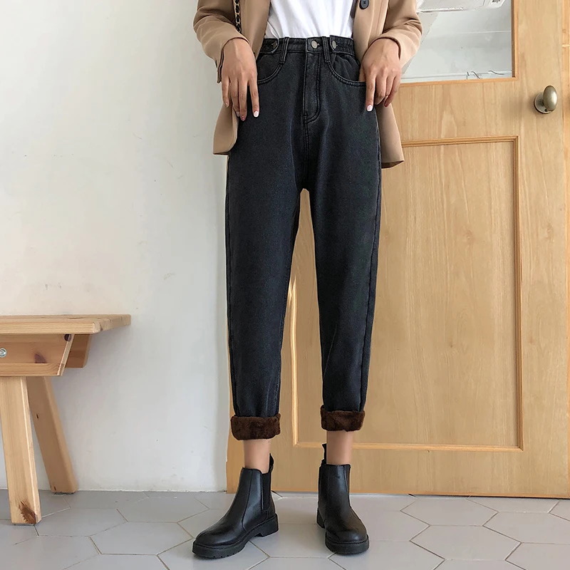 Джинсы женские с высокой осень талией штаны одежда широкие теплые ...