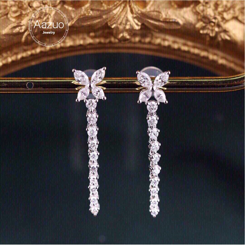 Aazuo 18K Solid White Gold Real Diamonds 0.80ct Butterfly Long Chain Stud Earrings Gifted For Women Advanced Wedding Party Au750