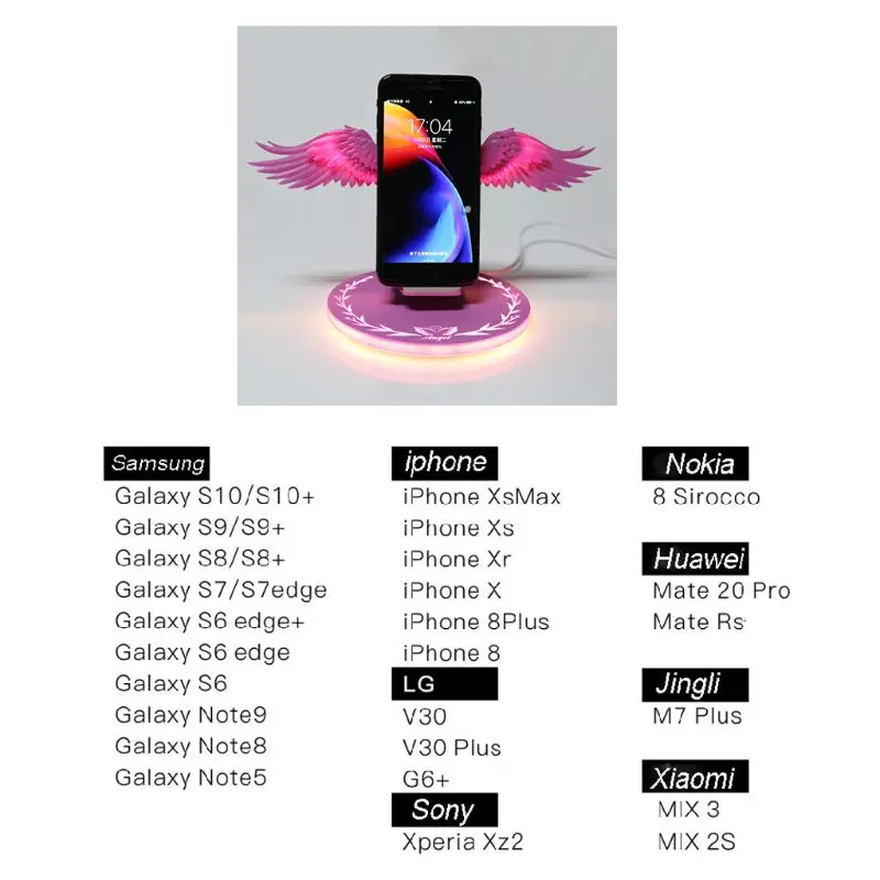 

LED Qi Wireless Charger Dock 10W Angel Wings Fast Charger Stand for Mobile Phone