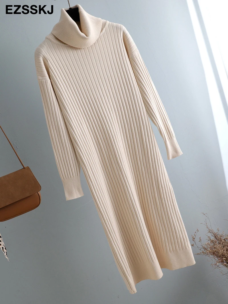 Autumn Winter Long highneck straight sweater Dress Women Casual oversize Sweater Dresses maix THICK basic Knit Dress t shirt dress