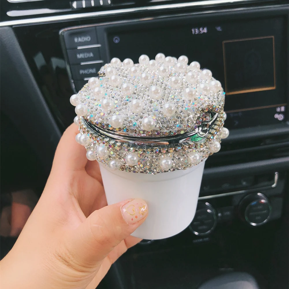 White Rhinestone LED Light Ashtray Auto Travel Cigarette Ash Holder Cup Bling - Название цвета: Белый