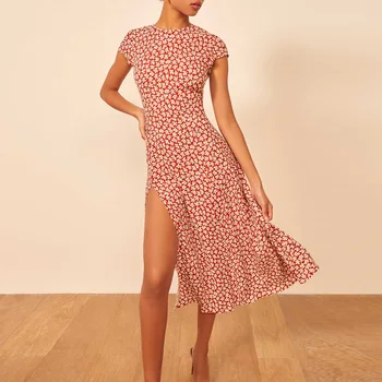 

Woman Dress 2020 Short Sleeve Vintage Floral Print Dress Women Summer Cut Out Back Sexy Side Slit Elegant Midi Dress Vestidos