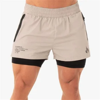 

Summer fitness double shorts men quick dry breathable stretch training pants outdoor running shorts 2 in 1 zipper pockets pants