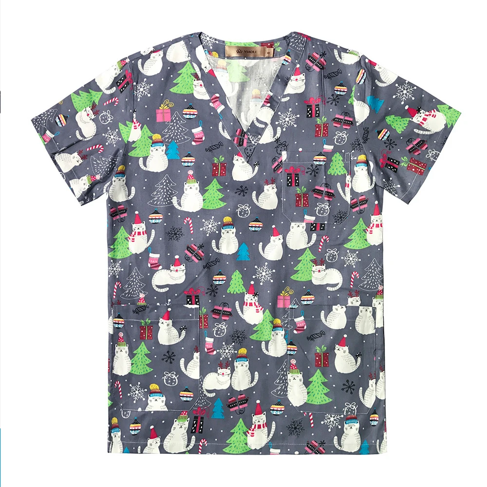 Unisex Breathable Dental clinic scrubs tops Christmas printing pharmacist Pet doctor hospital scrubs medical nurse work uniforms