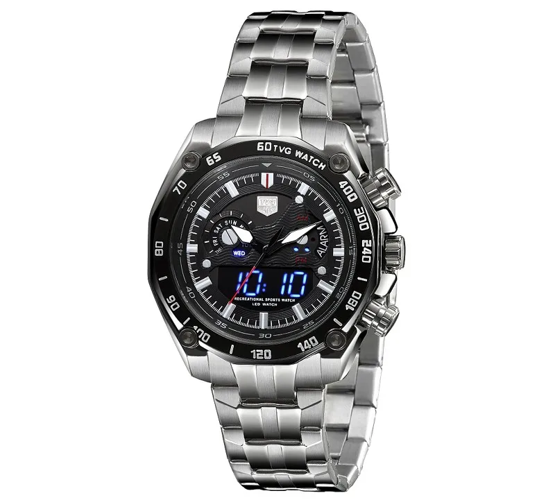 TVG Брендовые мужские часы, мужские спортивные часы, браслет из нержавеющей стали, двойной дисплей, кварцевые наручные часы для мужчин, mannen horloge reloj hombre