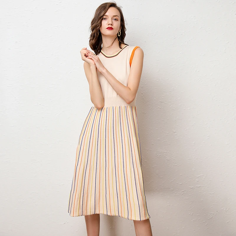 

High Quality New Style Spring Autumn Winter Women Dress Femme Knit Soft O-Neck Loose Elasticity Pleated Striped Dress Sleeveless