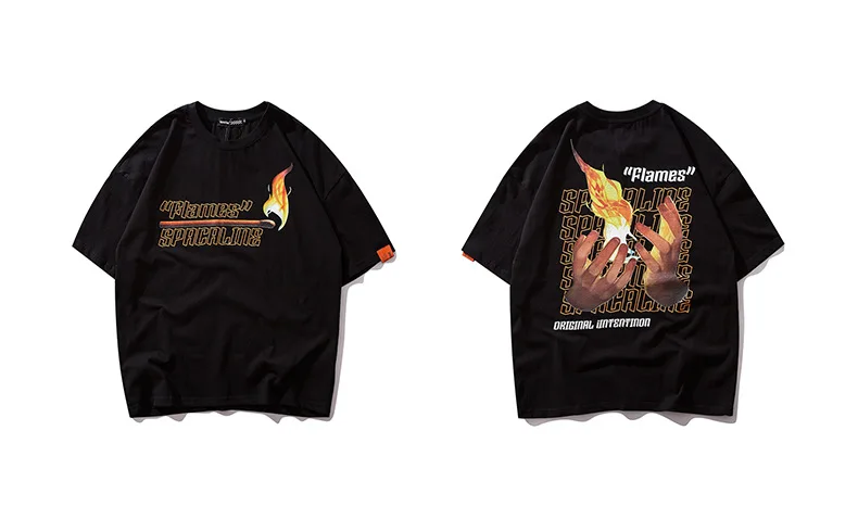 Футболка Harajuku coton manches courtes hauts скейтборд Hommes хип-хоп Футболка уличная одежда allumette feu flamme
