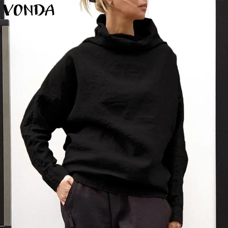 

VONDA Womens Sweatshirts 2019 Autumn Blouses Female Casual Loose Turtleneck Sweatshirts Vintage Hoody Party Tops Plus Size Tunic