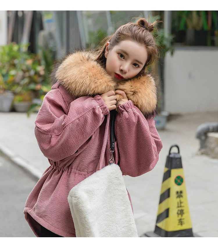 AYUNSUE Winter Jacket Women Clothes Thick Korean Style Corduroy Coat Large Fur Collar Down Cotton Overcoat Jackets KJ3462