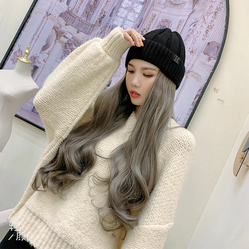 Парик вязаная шапка зимние шапки для женщин Skullies Beanies с длинной волной 55 см парик/волосы все-в-одном женская теплая шапка F36704AD