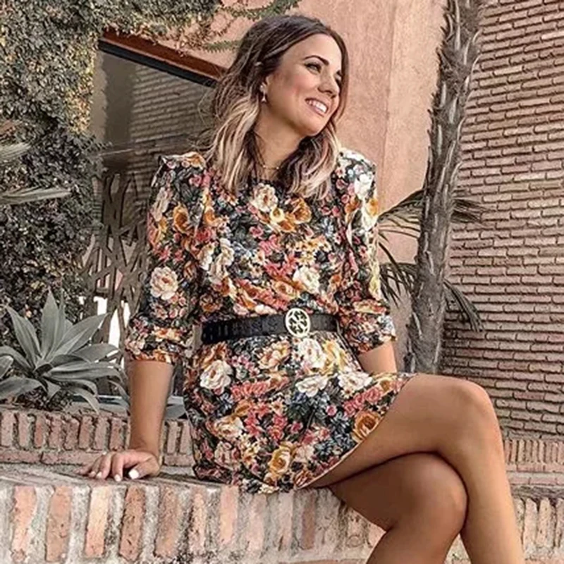 Женское винтажное платье миди элегантное с оборками и цветочным принтом для