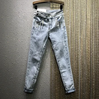 

High Waist Jeans Pants Women 2020 Spring New Rhinestone Beaded Stretchable Denim Pants Lady's Jeans Leisuer Jean Trousers Femme
