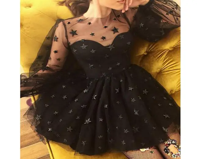 

Women Dress Star Sequins Print Dress Black Mesh Long Sleeve Mini Dresses Slim Sexy Evening Party Black Spring Summer Dresses