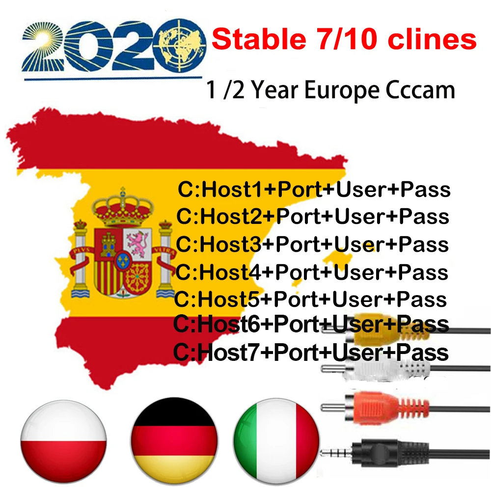 2020 7Line 1 Year Europe Cccam Cline 10 lines Oscam HD AV Cable For Satellite TV Receiver DVB-S2 GTmedia V7V8 Spain | Электроника