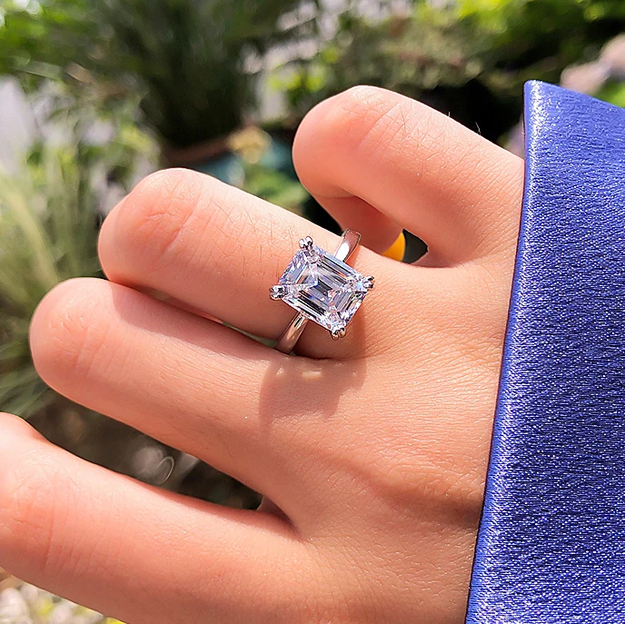 Anillo Cuadrado Solitario Para Mujer De Lujo Plata De Ley 100 
