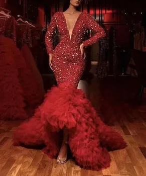 

Celebrity Fashion Evening Party Dress Red Women Fashion Elegant Banquet Wedining Long Sleeve Sexy Dress Long Dresses