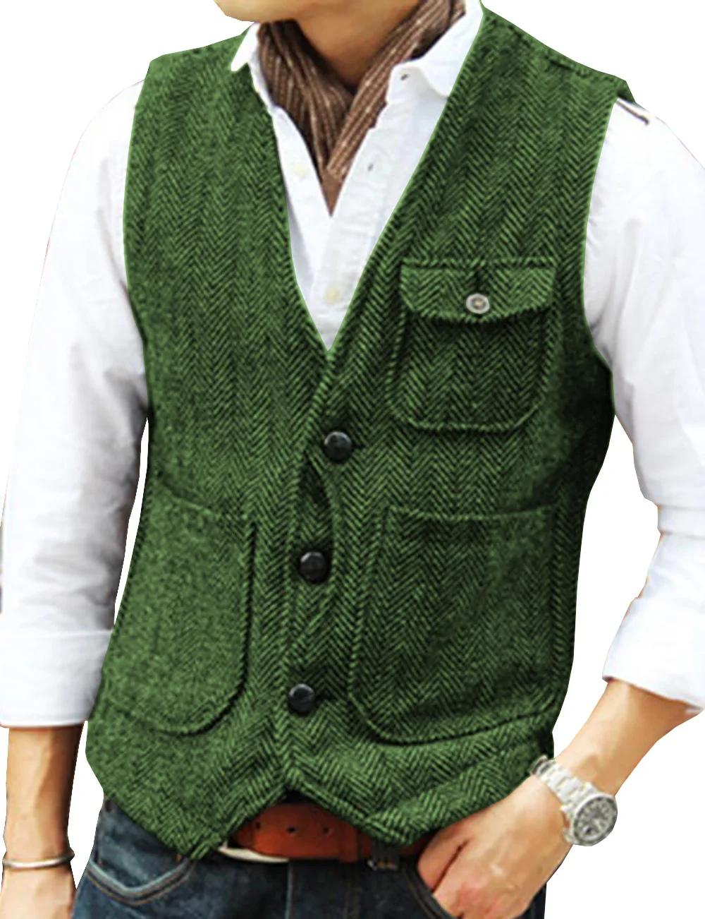 Men's Vest Brown Herringbone Wool Tweed V Neck Single Breasted Retro Tooling Vest Male Gentleman Business Waistcoat For Wedding men's blazers Suits & Blazer