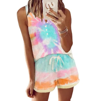 

Summer Female Sleepwear Set Women Fashion Casual Loose Tie Dye Print Sleeveless Camisole Plus Shorts Suits