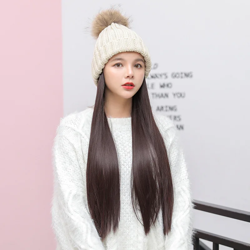 Winter knitted Beanies Hats Women Wig Long Synthetic Hair With Knitted Cap Wig All-in-one Wig Hat bonnet
