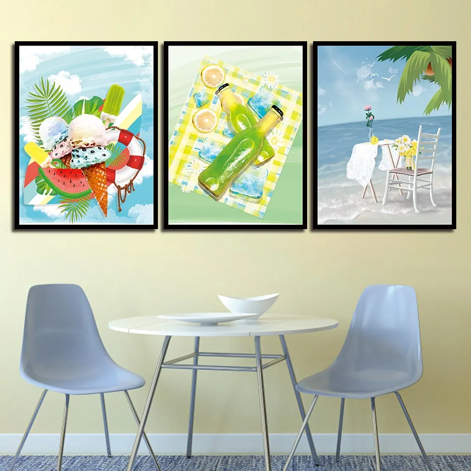 

Abstract cartoon seaside holiday with fruits Nordic Style Wall Art Canvas Print Painting Modern Living Room Decor Picture