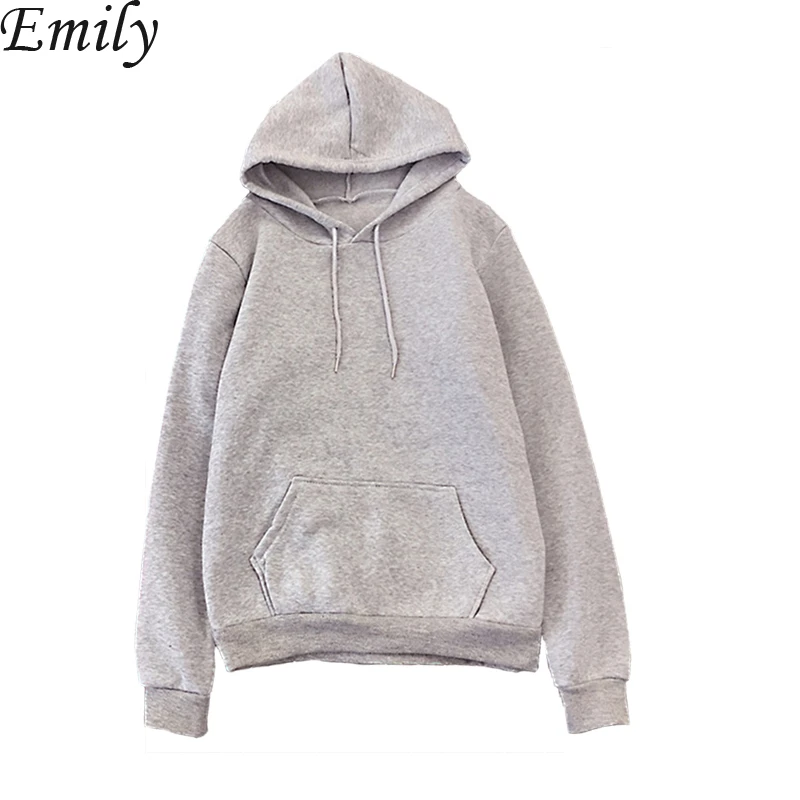 

New Autumn Winter Women Sweatshirt Loose Fleece Thickened Hat Top For Female Solid Long Sleeve Pullover With Pocket
