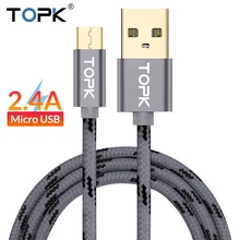 TOPK Micro USB кабель с металлической оболочкой Позолоченный разъем плетеный провод для samsung/sony/Xiaomi/Android телефон