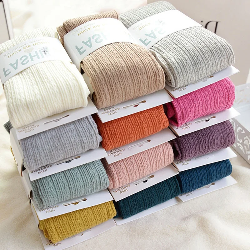 

Autumn Winter Pantyhose Cotton Knitted Stockings Candy Color Women Warm Twist Striped Tights Footed Footless Tights Multicolor