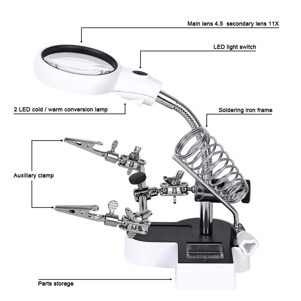Soldering Iron Welding Magnifying Glass 2 LED 3X 4.5X 25X Helping Hand Rework Magnifier with 3 Tools Boxes Desk Station Repair