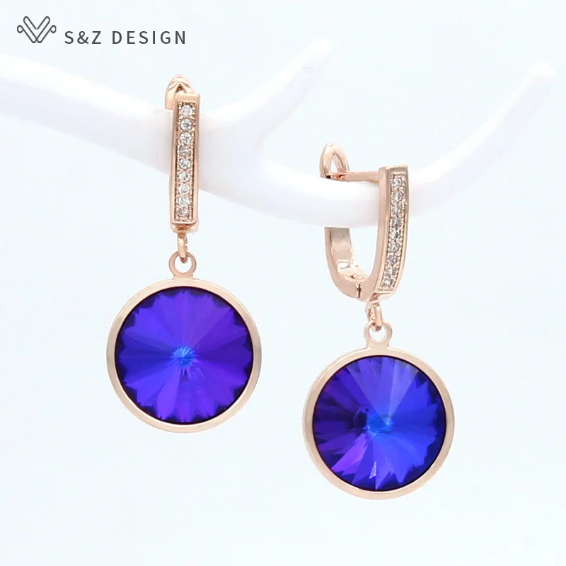 S&Z DESIGN New Luxury Elegant Colorful Round Crystal Dangle Earrings For Women Wedding 585 Rose Gold Color Jewelry