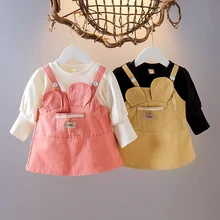 

Cute Girls Casual Dresses New Summer Big Ear Pocket Fake Two-piece Suspender Dress Kids Long Sleeve Party tutu Dresses Vestido