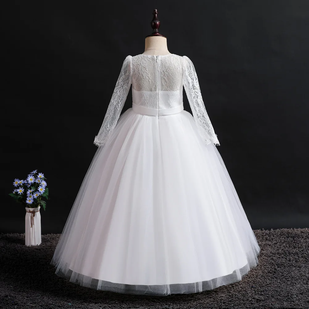 AliExpress однотонное платье для девочек торжественное кружевное платье с вышивкой и длинными рукавами пышное платье принцессы
